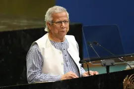 Bangladesh's interim government, Muhammad Yunus addresses the United Nations General Assembly at UN headquarters in New York City on September 26, 2025.