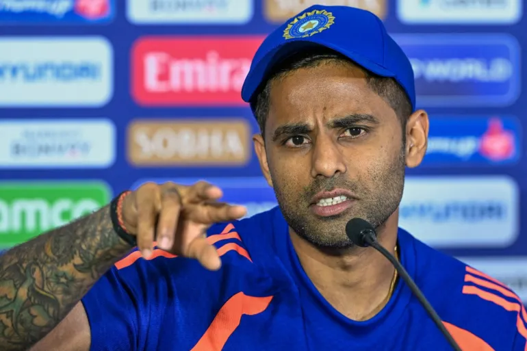 India's captain Suryakumar Yadav addresses a press conference on the eve of their 2026 ICC Men's T20 Cricket World Cup group stage match against Pakistan