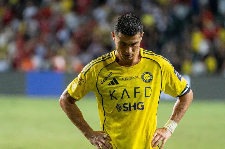 Al Nassr's Cristiano Ronaldo in action during the Saudi Super Cup final soccer match between Al Ahli and Al Nassr at the Hong Kong Stadium in Hong Kong, Saturday, Aug. 23, 2025. (AP Photo/Chan Long Hei)